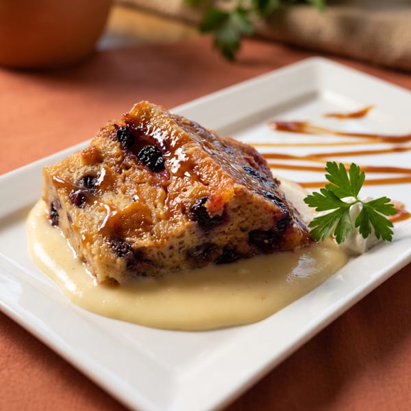 Bread pudding with raisins, caramel drizzle, and a sprig of parsley on a white plate.