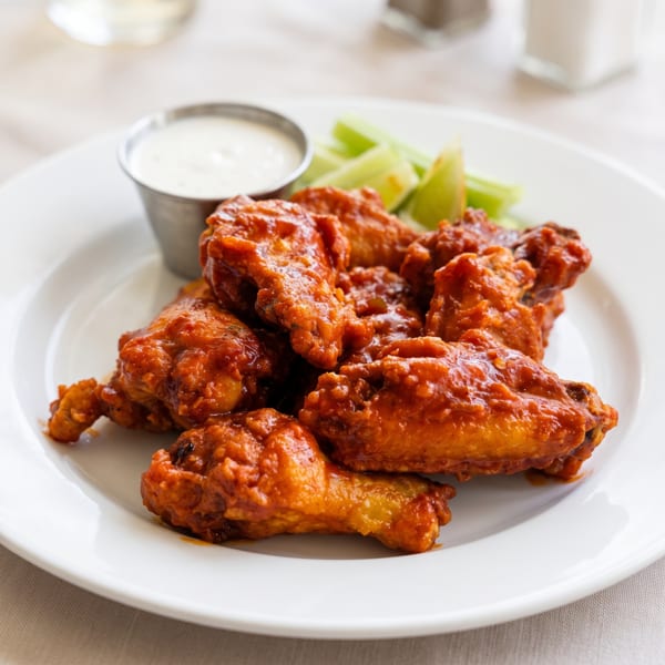 Spicy buffalo chicken wings with ranch dipping sauce and celery sticks on a white plate.
