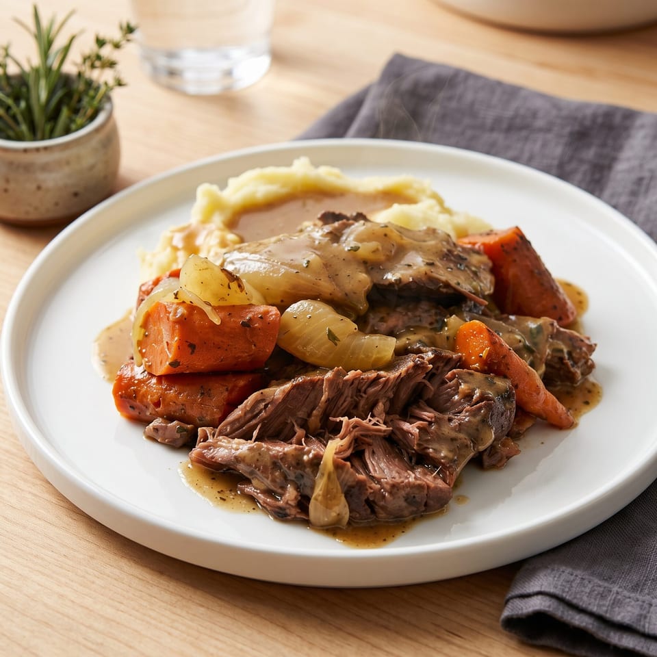 Steaming pot roast with carrots, onions, and gravy, served with mashed potatoes on a white plate.