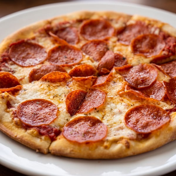 Close-up of a whole pepperoni pizza with melted cheese and herbs on a white plate.