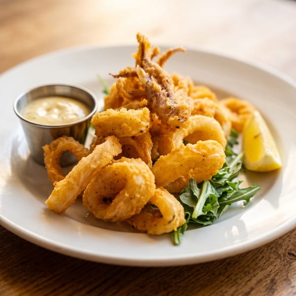 Crispy fried calamari rings and tentacles on a bed of arugula with a lemon wedge and dipping sauce.