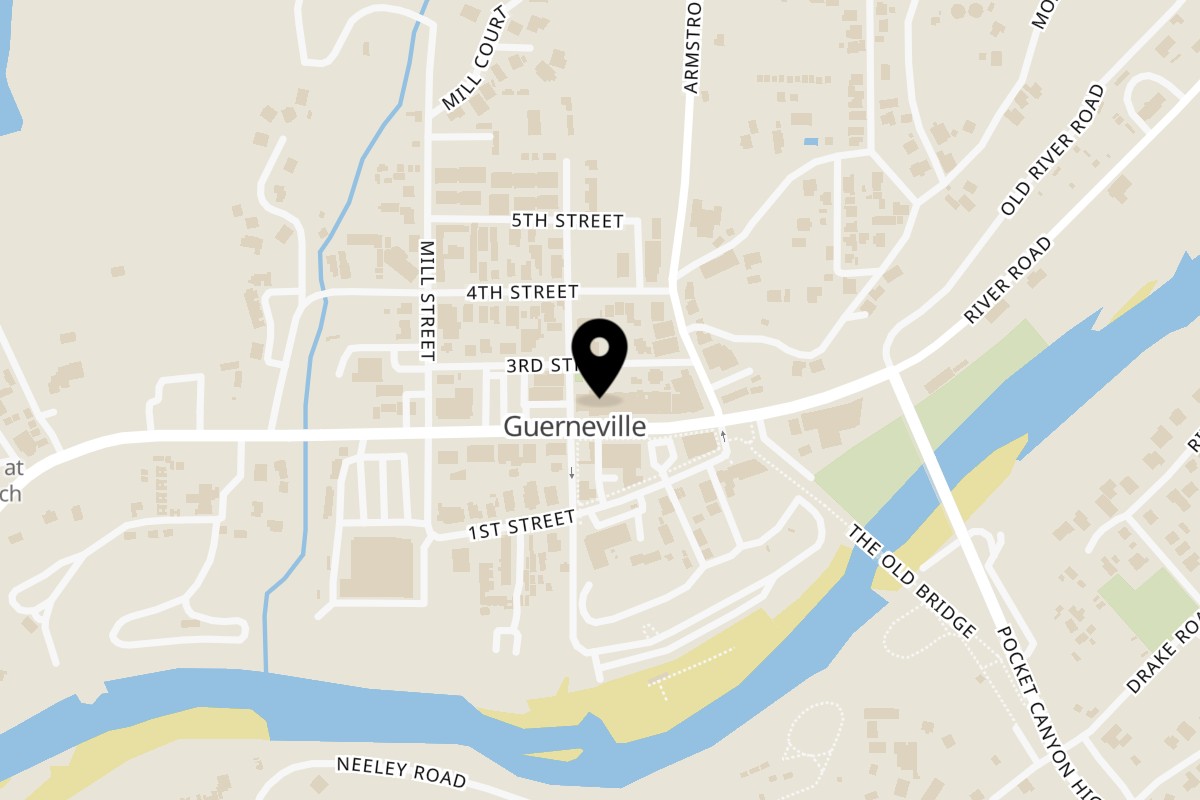 Map showing the location of Main Street Bistro & Piano Bar-Cabaret on 16280 Main St downtown in Guerneville